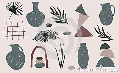 Set of sixteen vintage abstract elements: plants, jugs, vases, stones, geometric shapes. Vector Illustration